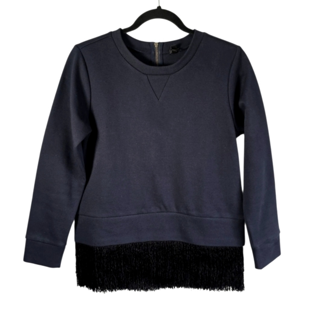 J.Crew Navy Sweatshirt with Black Fringe Hem Sz XS - Picture 2 of 10